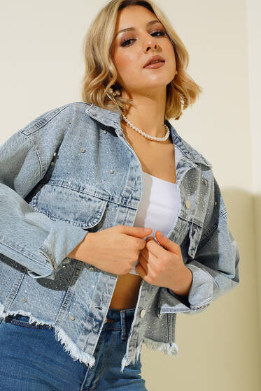 Önü Taşlı Kısa Kot Ceket Mavi - Kadın Giyim Modelleri