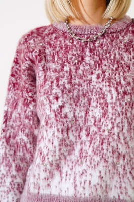 Önü Taşlı Kısa Triko Kazak Bordo - Kadın Giyim Modelleri