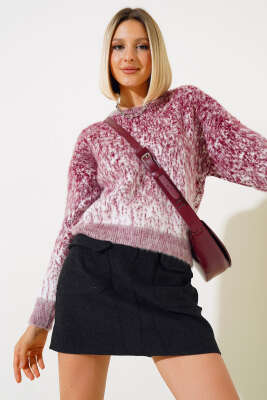 Önü Taşlı Kısa Triko Kazak Bordo - Kadın Giyim Modelleri