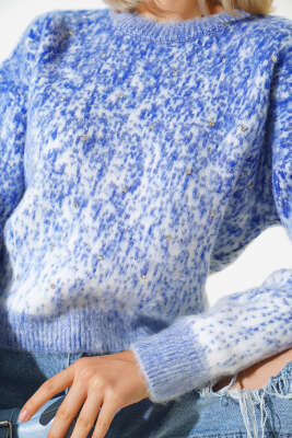 Önü Taşlı Kısa Triko Kazak İndigo - Kadın Giyim Modelleri