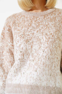 Önü Taşlı Kısa Triko Kazak Latte - Kadın Giyim Modelleri