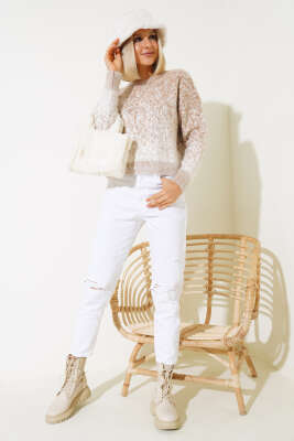 Önü Taşlı Kısa Triko Kazak Latte - Kadın Giyim Modelleri