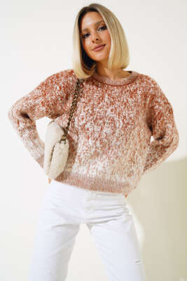 Önü Taşlı Kısa Triko Kazak Taba - Kadın Giyim Modelleri