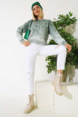 Önü Taşlı Kısa Triko Kazak Zümrüt - Kadın Giyim Modelleri