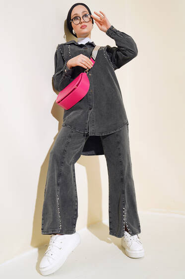 Önü Taşlı Kot Gömlek Takım Füme - İkili Takım