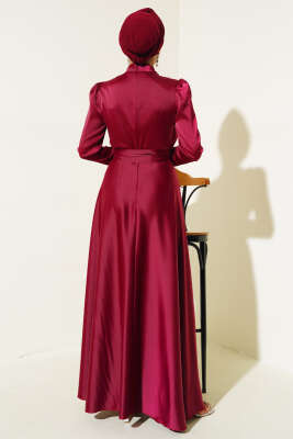Önü Taşlı Kuşaklı Saten Abiye Elbise Bordo - Tesettür Elbise