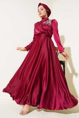 Önü Taşlı Kuşaklı Saten Abiye Elbise Bordo - Tesettür Elbise