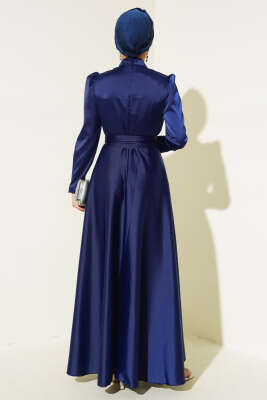 Önü Taşlı Kuşaklı Saten Abiye Elbise Lacivert - Tesettür Elbise