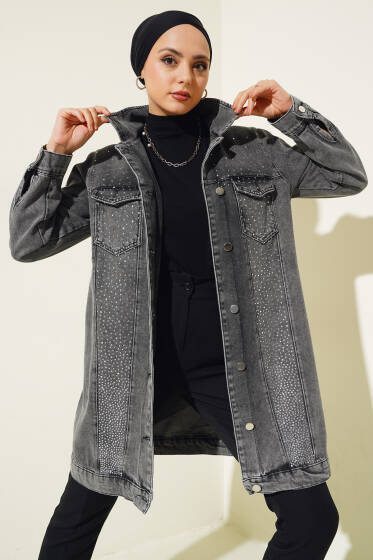 	 Önü Taşlı Metal Düğmeli Kot Ceket Füme - Ceket