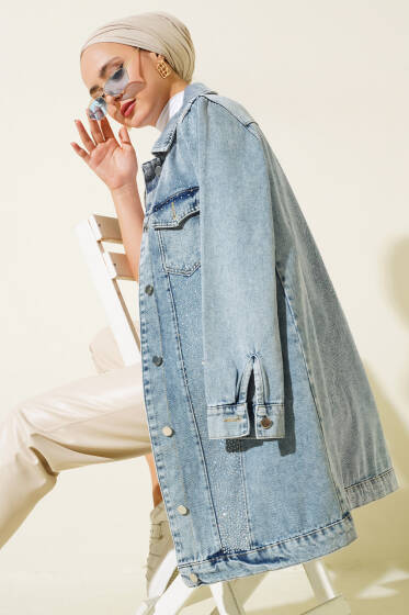 Önü Taşlı Metal Düğmeli Kot Ceket Kot Mavisi - Ceket