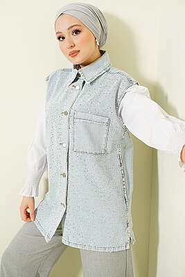 Önü Taşlı Metal Düğmeli Kot Yelek Açık Kar - ZARX JNS