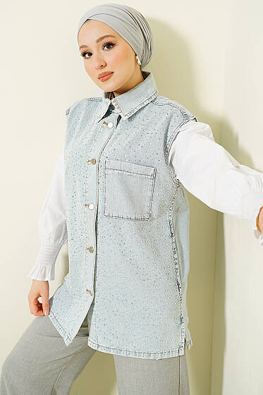 Önü Taşlı Metal Düğmeli Kot Yelek Açık Kar - Yelek