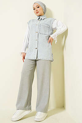 Önü Taşlı Metal Düğmeli Kot Yelek Açık Kar - Yelek