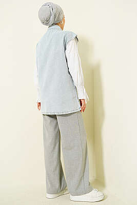 Önü Taşlı Metal Düğmeli Kot Yelek Açık Kar - Yelek