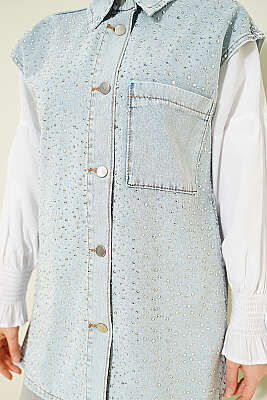 Önü Taşlı Metal Düğmeli Kot Yelek Açık Kar - Yelek