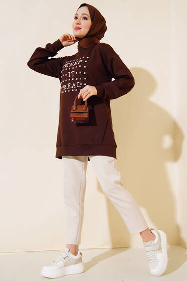 Önü Taşlı Nakışlı Tunik Kahve - Tunik