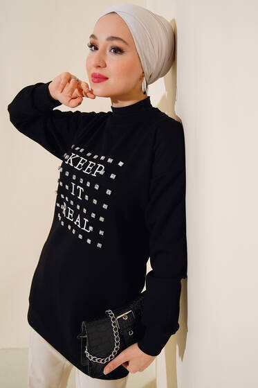 Önü Taşlı Nakışlı Tunik Siyah - Tunik
