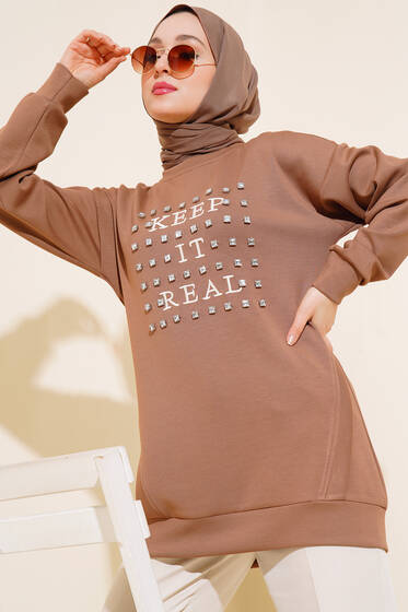 Önü Taşlı Nakışlı Tunik Vizon - Tunik