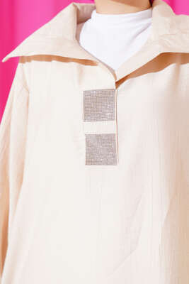 Önü Taşlı Oversize Tunik Bej - Tunik