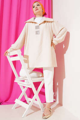 Önü Taşlı Oversize Tunik Bej - Tunik