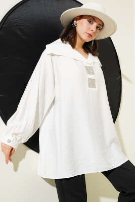 Önü Taşlı Oversize Tunik Beyaz 