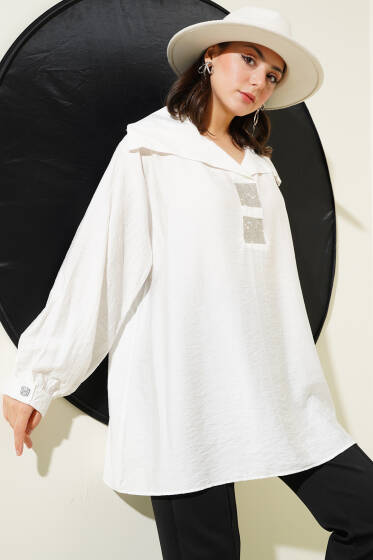 Önü Taşlı Oversize Tunik Beyaz - Tunik
