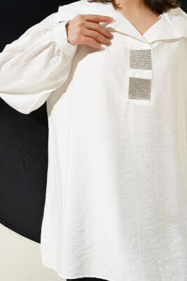 Önü Taşlı Oversize Tunik Beyaz - Tunik