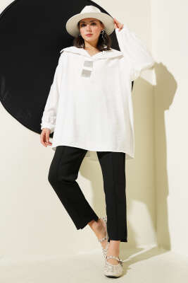Önü Taşlı Oversize Tunik Beyaz - Tunik