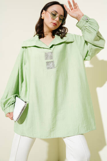 Önü Taşlı Oversize Tunik Çağla Yeşili - Tunik