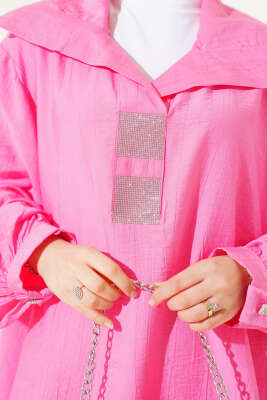 Önü Taşlı Oversize Tunik Fuşya - Tunik