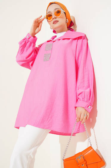 Önü Taşlı Oversize Tunik Fuşya - Tunik