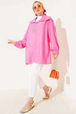 Önü Taşlı Oversize Tunik Fuşya - Tunik