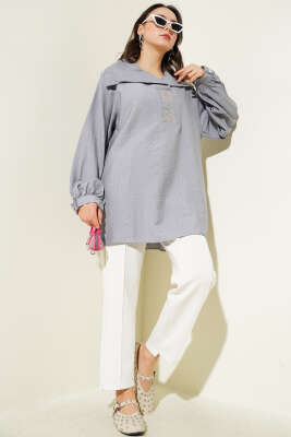 Önü Taşlı Oversize Tunik Gri - Tunik