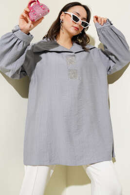 Önü Taşlı Oversize Tunik Gri 