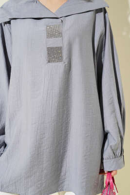 Önü Taşlı Oversize Tunik Gri - Tunik
