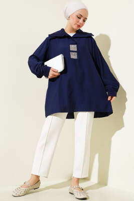 Önü Taşlı Oversize Tunik Lacivert - Tunik