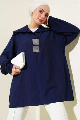 Önü Taşlı Oversize Tunik Lacivert 