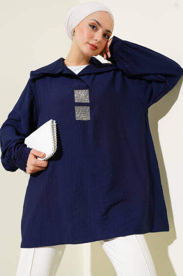 Önü Taşlı Oversize Tunik Lacivert - Tunik