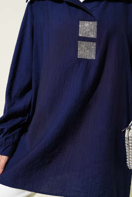 Önü Taşlı Oversize Tunik Lacivert - Tunik