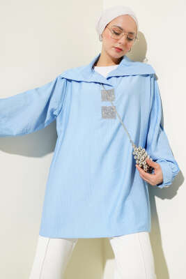 Önü Taşlı Oversize Tunik Mavi 