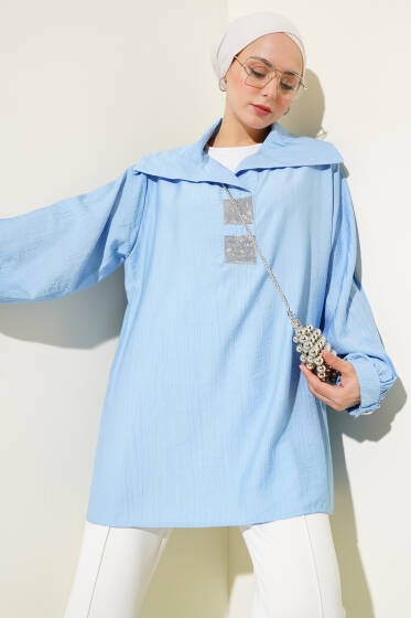 Önü Taşlı Oversize Tunik Mavi - Tunik