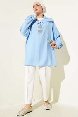 Önü Taşlı Oversize Tunik Mavi - Tunik
