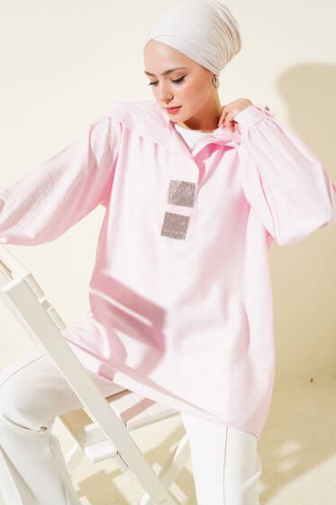 Önü Taşlı Oversize Tunik Pembe - Tunik