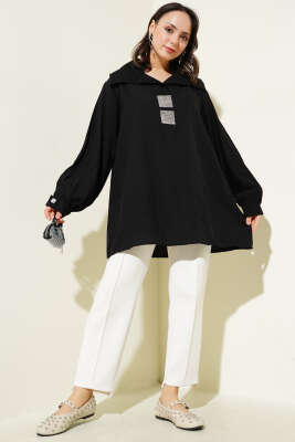 Önü Taşlı Oversize Tunik Siyah - Tunik