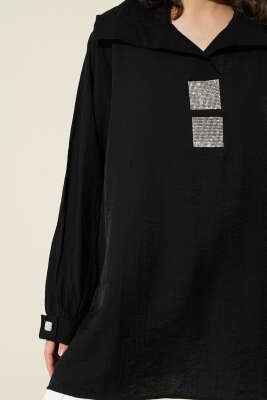 Önü Taşlı Oversize Tunik Siyah - Tunik