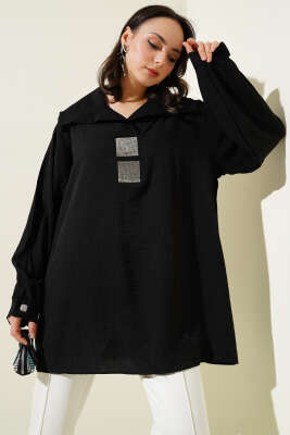 Önü Taşlı Oversize Tunik Siyah 