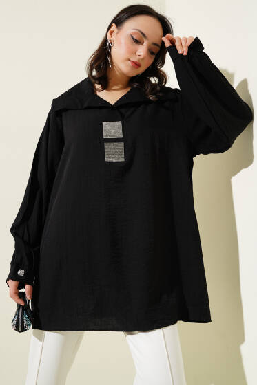 Önü Taşlı Oversize Tunik Siyah - Tunik