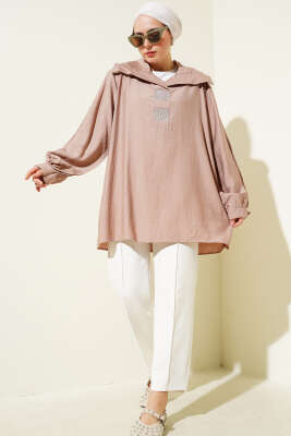 Önü Taşlı Oversize Tunik Vizon - Tunik