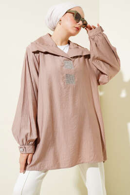 Önü Taşlı Oversize Tunik Vizon 
