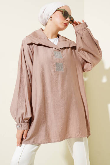 Önü Taşlı Oversize Tunik Vizon - Tunik